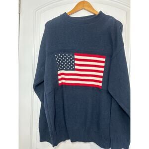 Vintage 90s Stars & Stripes USA Flag Olympic Knit Blue Sweater Size L preppy